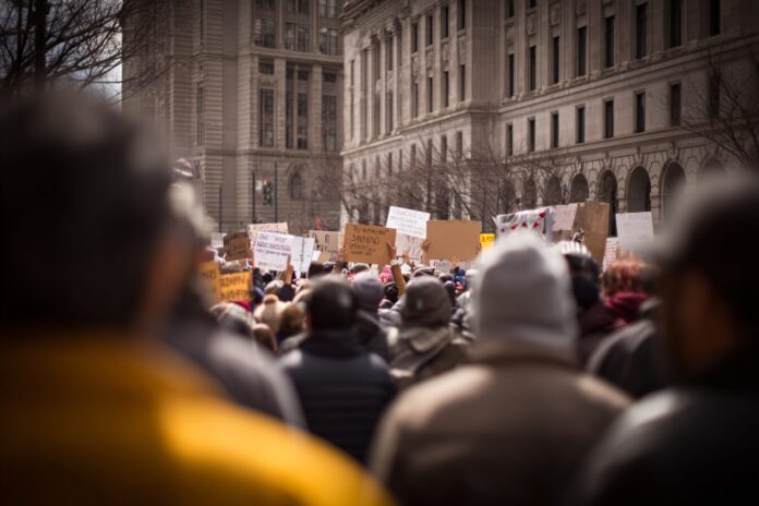 Protesters holding signs outside a government building during a heated immigration debate.