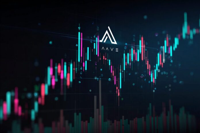 AAVE blockchain and falling candlestick chart illustration