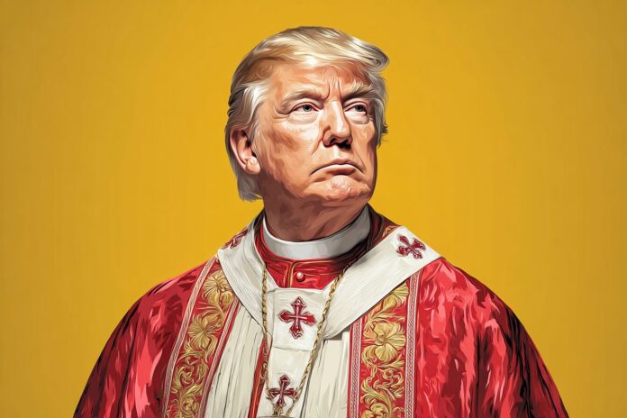 AI-generated image concept of Donald Trump wearing traditional papal robes, stylized as a satirical meme. This is a fictional depiction for illustrative purposes only.