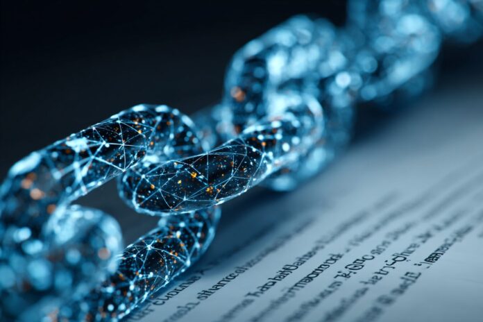 Illustrative image showing blockchain code and U.S. regulatory documents in focus.
