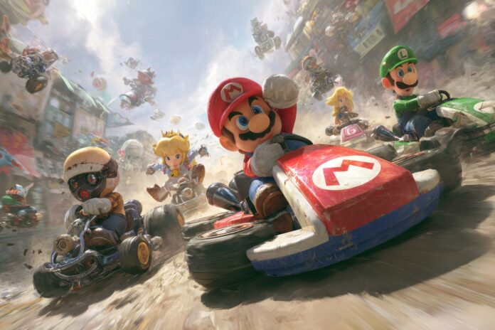 A vibrant scene with Mario Kart racers dodging shells and hazards on a dynamic track