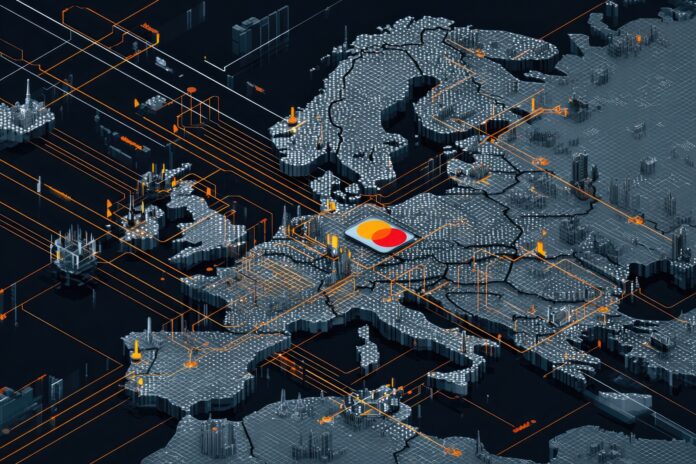 Illustration of a Mastercard tokenization process over a digital map of Europe