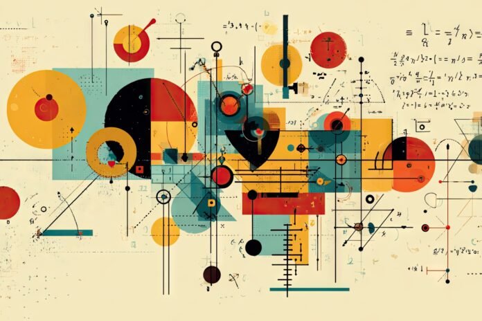Abstract representation of mathematical complexity with interconnected shapes and formulas