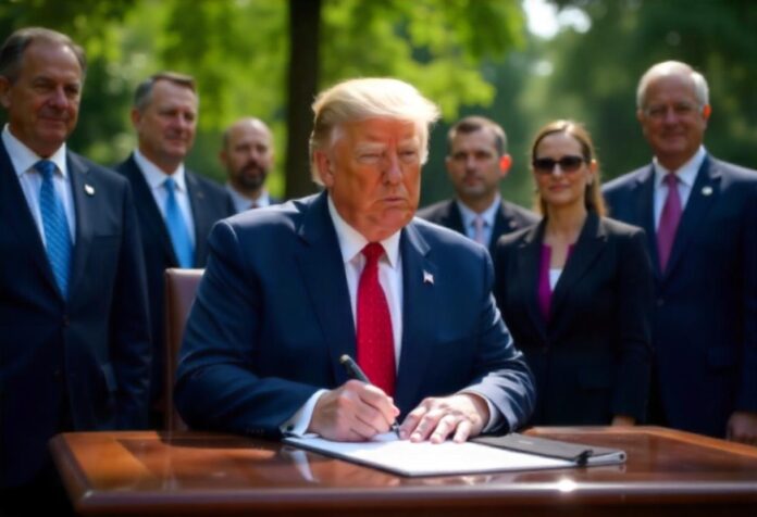 President Trump signing an executive order at the White House with healthcare officials present.