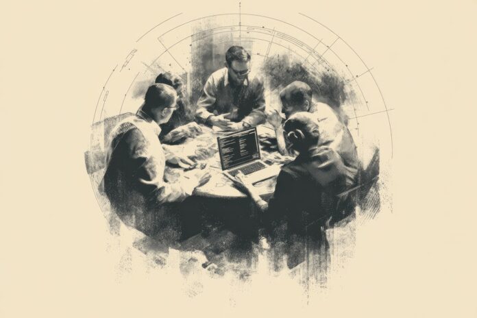 A round table of mathematicians intensely discussing problems, with a laptop displaying AI code in the center.