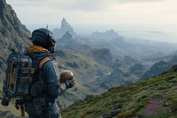 Sam Bridges holding a BB pod while gazing over a breathtaking post-apocalyptic landscape in Death Stranding 2.