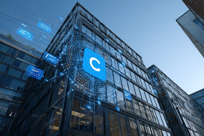 Coinbase headquarters building exterior in daylight with digital financial icons overlay