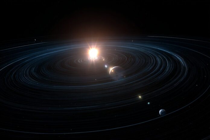 A distant star passes near the solar system, distorting planetary orbits.