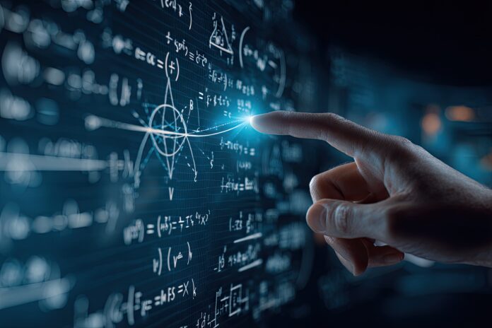AI interacts with complex mathematical formulas displayed on a digital interface.