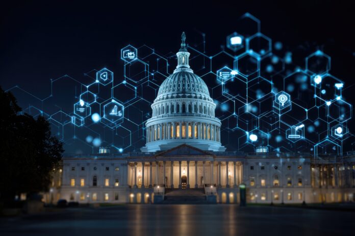 Capitol Building with digital AI icons overlay