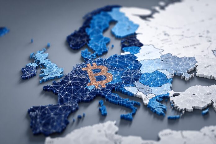 Map of the European Union highlighting crypto market reach.