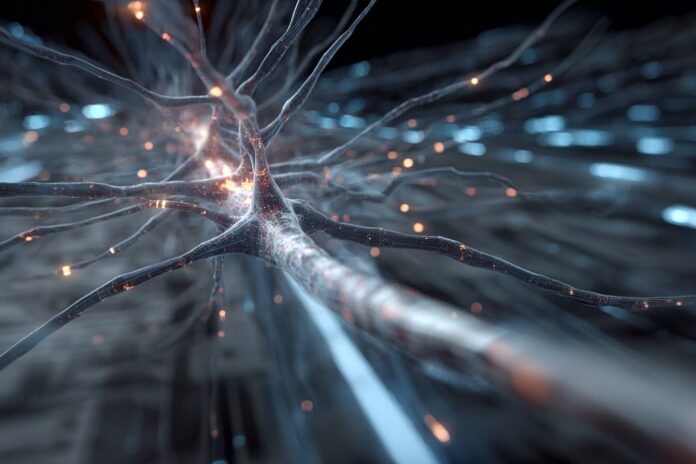 MiniMax-M1 AI model visualized as a futuristic neural network with a long digital context window.