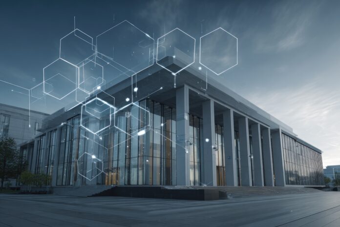 Modern government building with blockchain symbols overlaid, representing innovation in digital asset regulation.