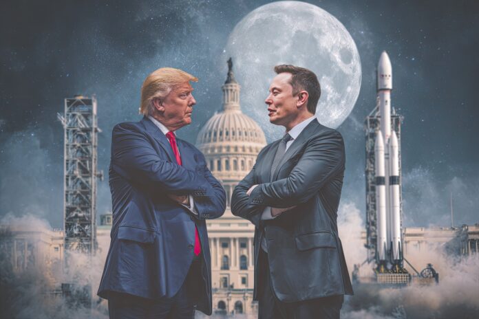 President Donald Trump and Elon Musk debating over rockets with a backdrop of the U.S. Capitol and Moon.