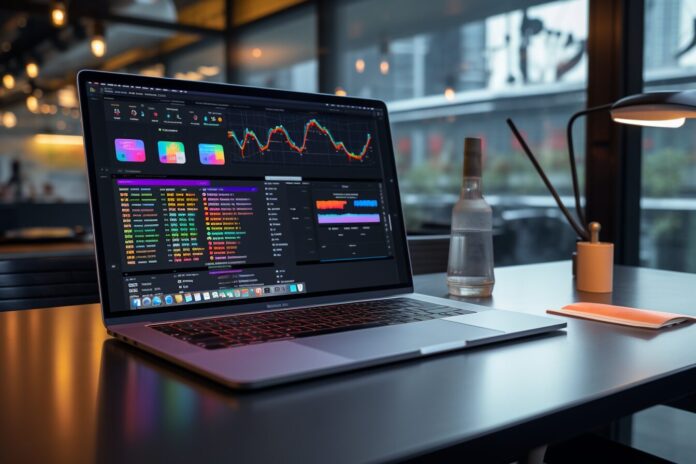 A modern workspace with a laptop displaying Apple's Foundation Model Framework announcement at WWDC 2025.