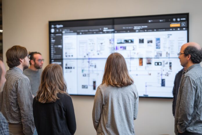 A team collaborates with a digital AI assistant dashboard displayed on a large screen.