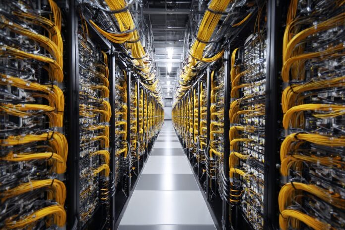 Data center with servers and cables, symbolizing internet infrastructure under state pressure