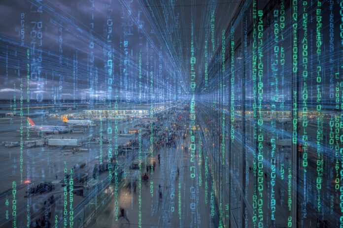 Airport under digital attack, symbolic data streams overlaying terminals