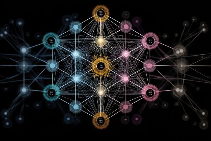 Neural network diagram highlighting mathematical operations in AI