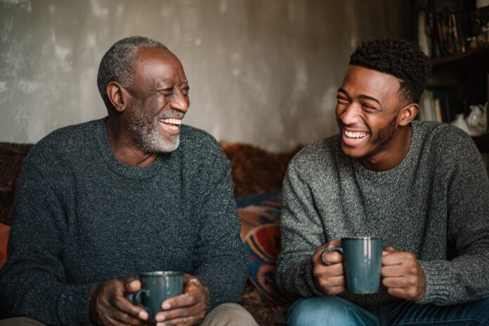 Father and adult child sitting close, sharing a warm laugh over coffee.