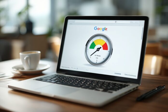 Chrome browser on a laptop screen displaying fast load times