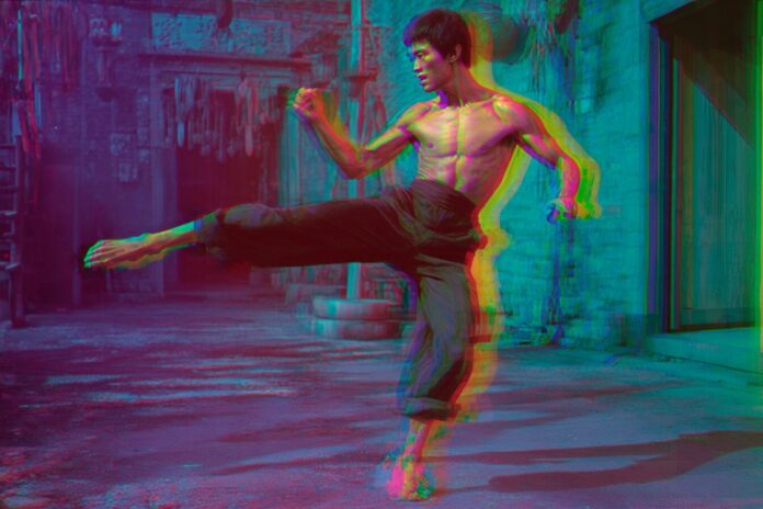 Bruce Lee performing a high kick on a restored movie set with colorful digital enhancements.