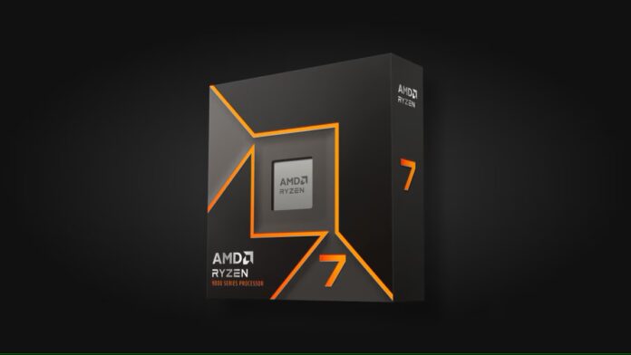 AMD Ryzen 7 9700F processor on a motherboard, no visible GPU installed.