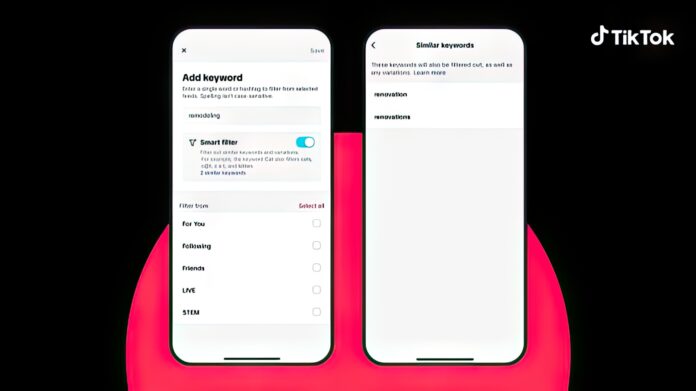 User setting up Smart Keyword Filter on TikTok using smartphone.