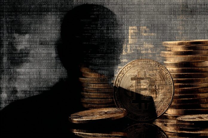 A collage showing Satoshi Nakamoto's silhouette, Bitcoin coins, and a digital ledger background representing the mystery of the largest BTC holder.