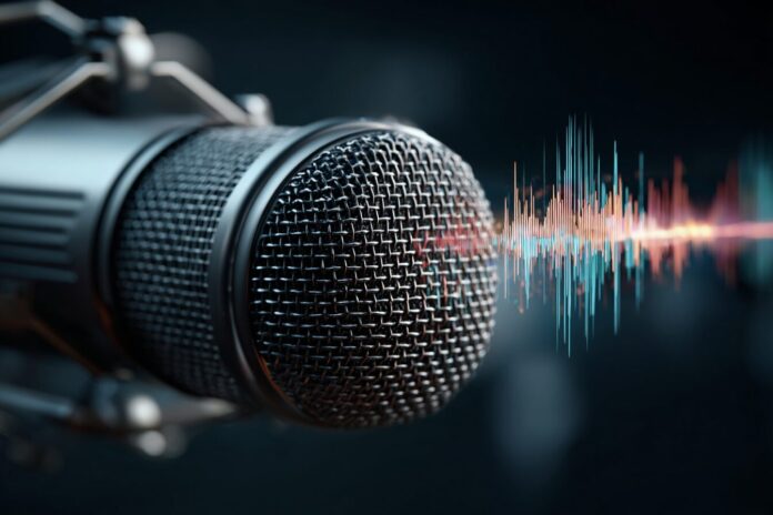 Close-up of a microphone with a digital waveform overlay, symbolizing AI voice cloning.