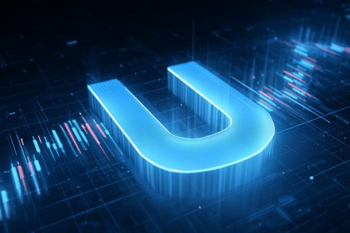 Uniswap UNI token digital abstract illustration on a blue background, symbolizing price movement.