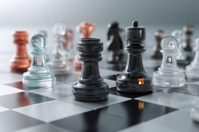 A conceptual illustration of AI chess pieces representing Microsoft and OpenAI facing off on a chessboard.