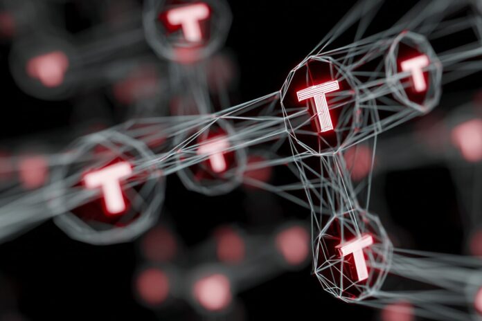 Abstract representation of the TRON blockchain with USDT stablecoin symbols, emphasizing financial transaction networks.