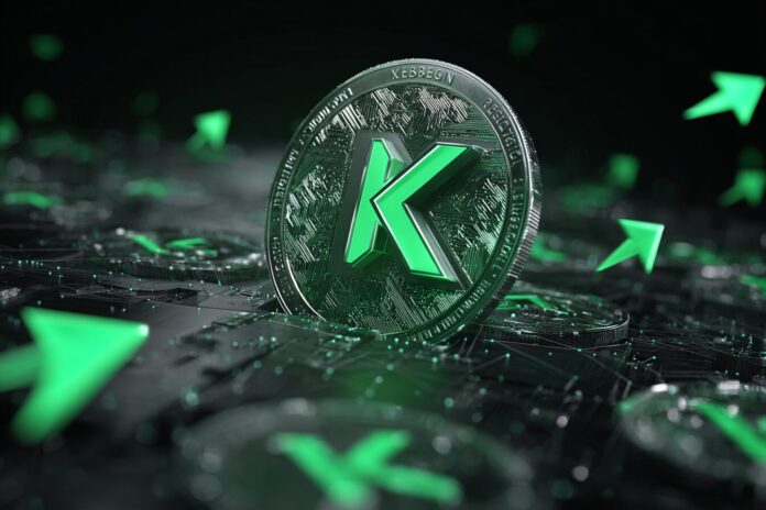A digital representation of Kyber Network Crystal (KNC) token with bullish green arrows behind it