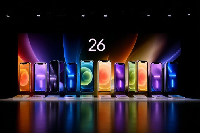Apple event showing iPhones lined up with iOS 26 announcement screen behind them.