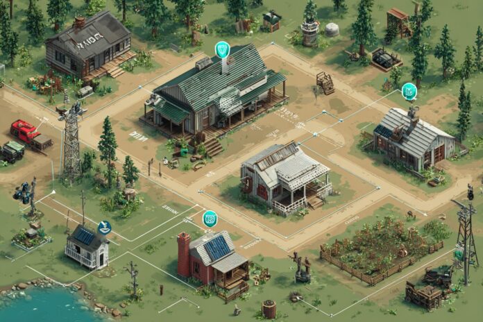 A digital illustration of the Off the Grid game world with the GUN token logo and Solana blockchain symbols visible.