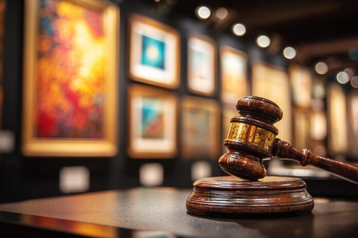 A gavel in front of a display of art pieces in an auction room, highlighting auction excitement.