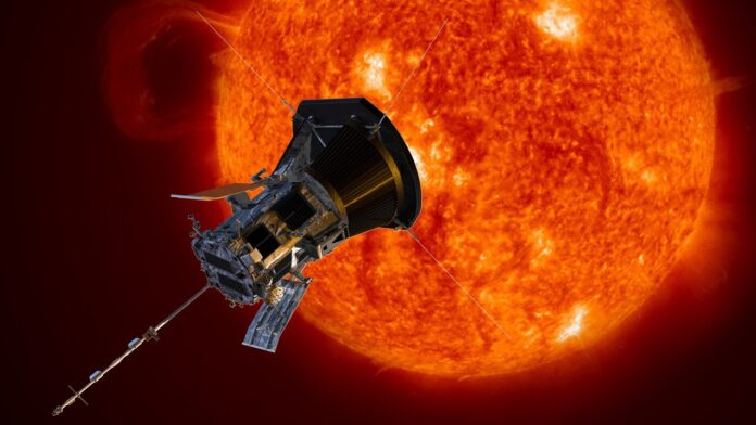 The Parker Solar Probe spaceship against the backdrop of the Sun's corona, showing intense solar activity.