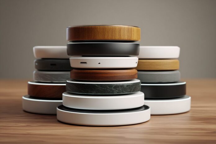 Stack of next-gen Qi2.2 wireless chargers in various shapes and finishes.