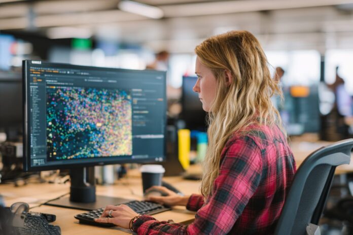 A new Amazon data annotation specialist using AI-driven labeling tools at their workstation.