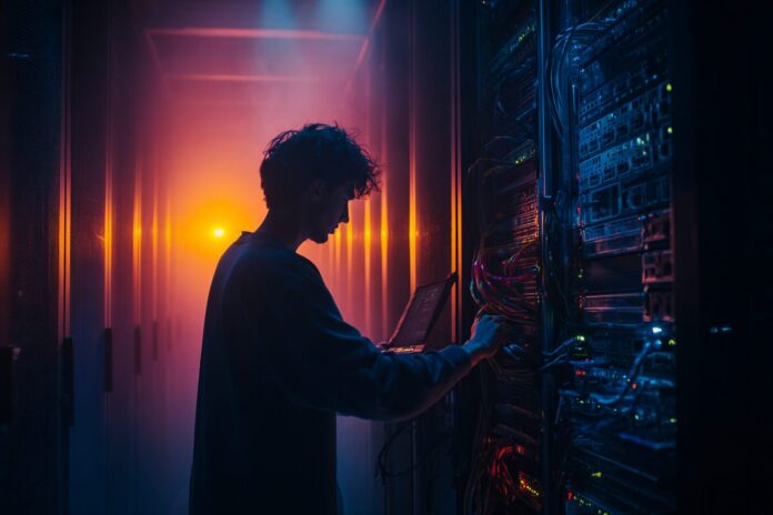 Technician removing a physical server from a rack in a dimly lit datacenter.