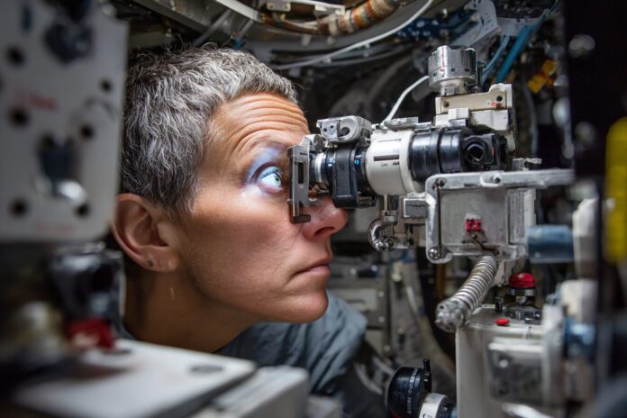 An astronaut using specialized vision testing equipment aboard the ISS.