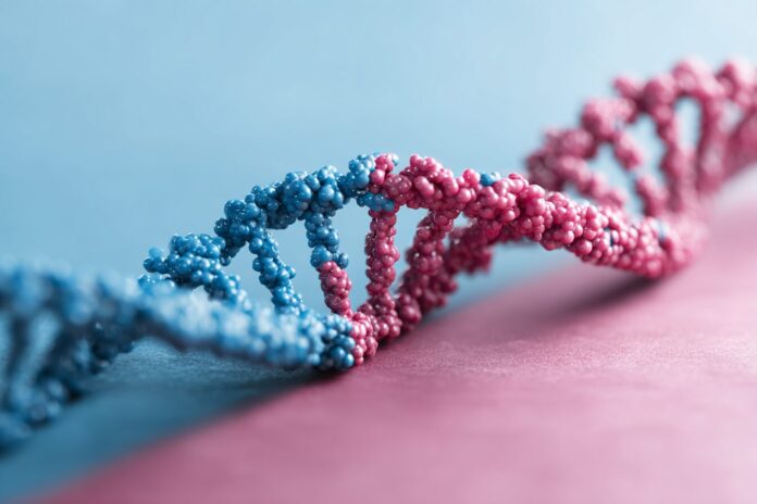 A DNA model with blue and pink backgrounds symbolizing chromosomes involved in sex determination