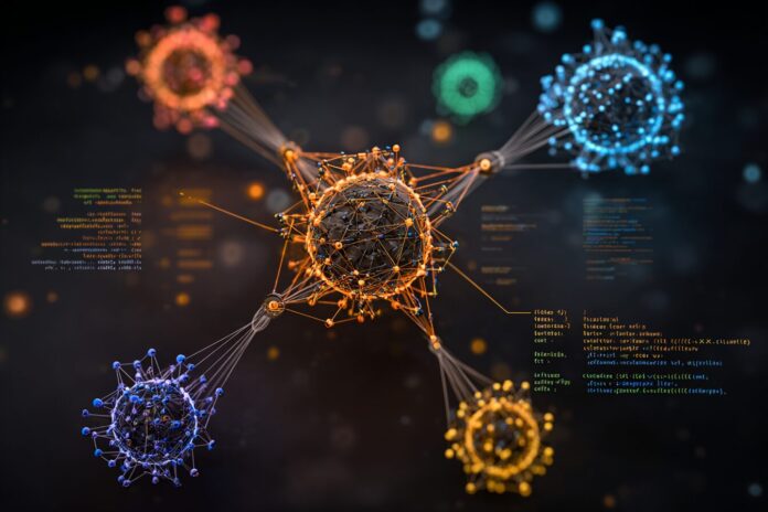 Concept rendering of futuristic AI model architecture with neural networks, colored nodes and code snippets, indicating advanced reasoning capabilities.