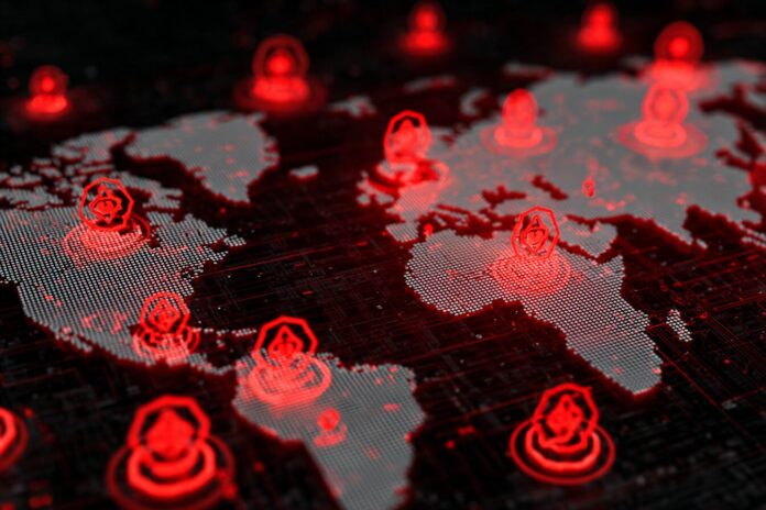 Multiple red warning symbols overlaying a digital map, each representing exploited CrushFTP servers across continents