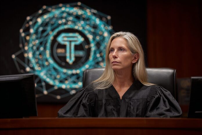 Judge Katherine Failla presiding over a courtroom, with Tornado Cash logo digitally displayed in the background, symbolizing the intersection of law and blockchain technology.