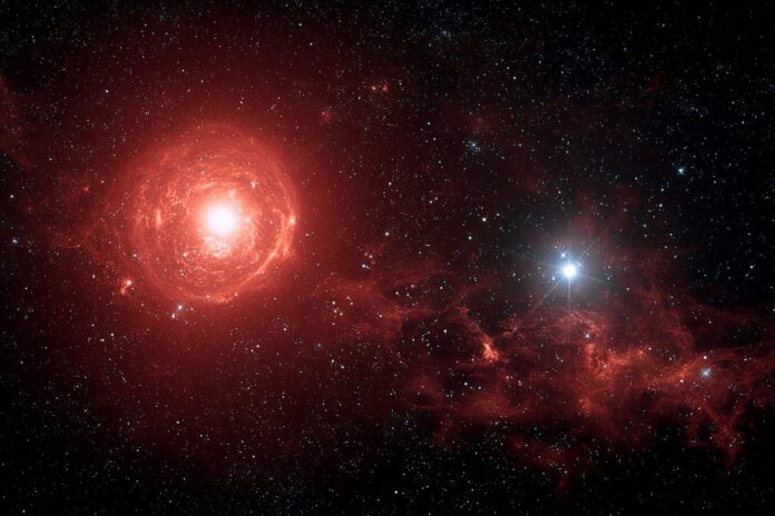 A high-resolution near-infrared image showing the red glow of Betelgeuse beside a faint, newly detected companion star in Orion.