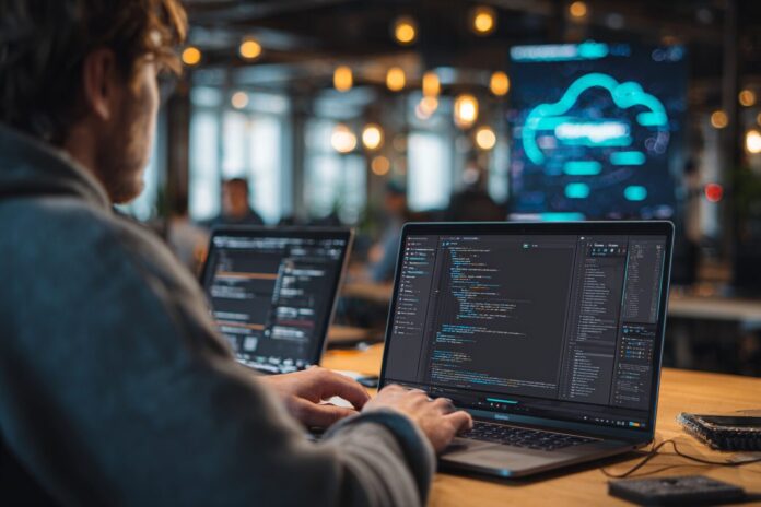 Modern workspace with a developer using the Kiro AI IDE on a laptop, cloud visualization in background