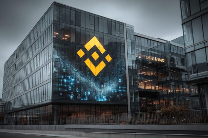 Binance office facade with digital graphics symbolizing global crypto trading and liquidity.