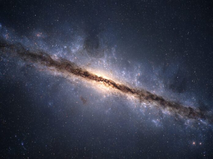 Illustration of a massive, elongated molecular cloud stretching across the dense star field of the Milky Way’s core.